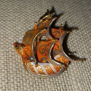 Vintage Spain Orange and Gold Ship Brooch
